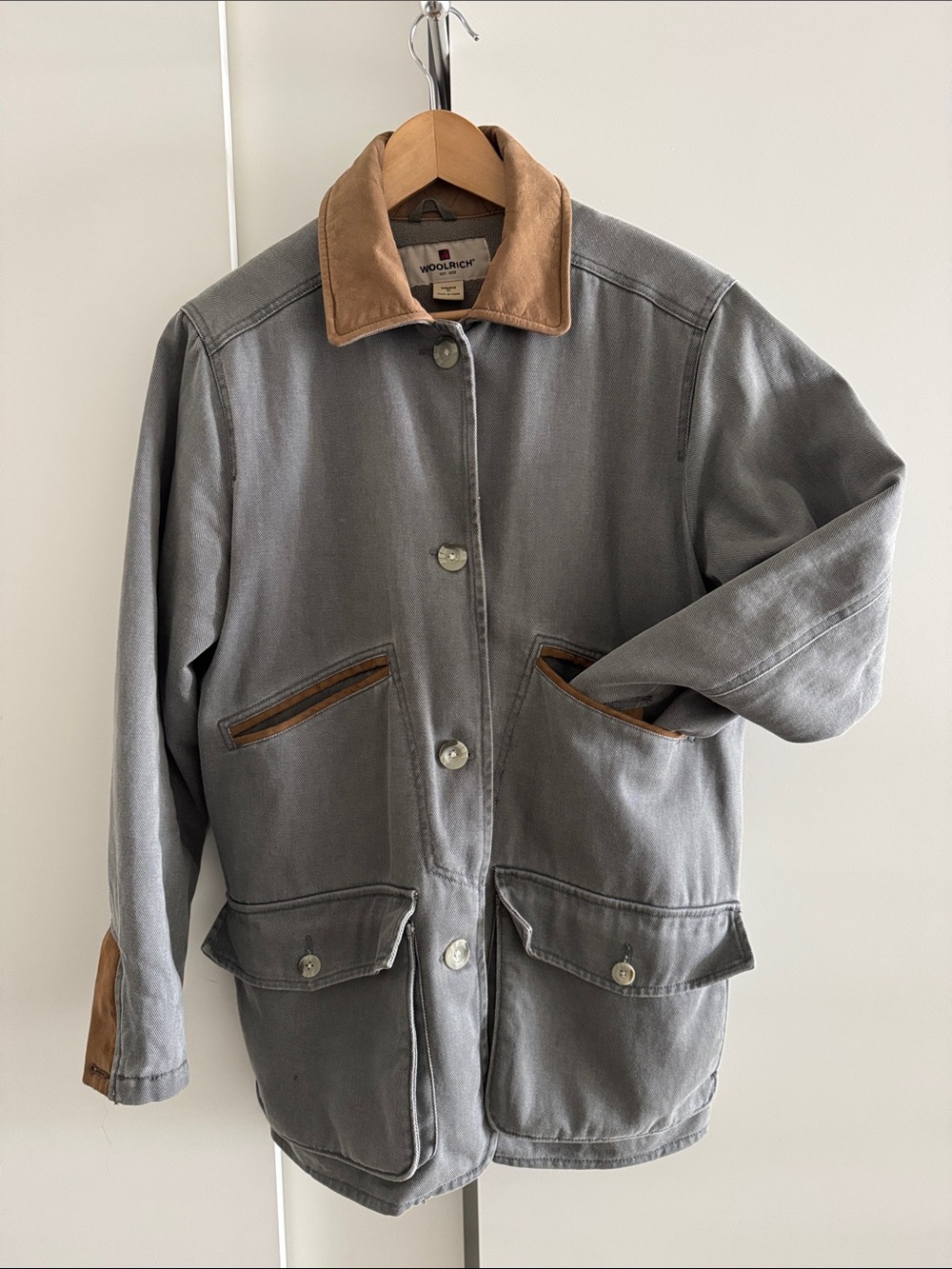Woolrich Gray Utility Jacket with Tan Collar and Trim